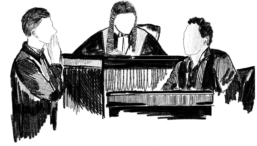 A black and white illustration of a court scene with three figures: a judge, a defendant and a lawyer.