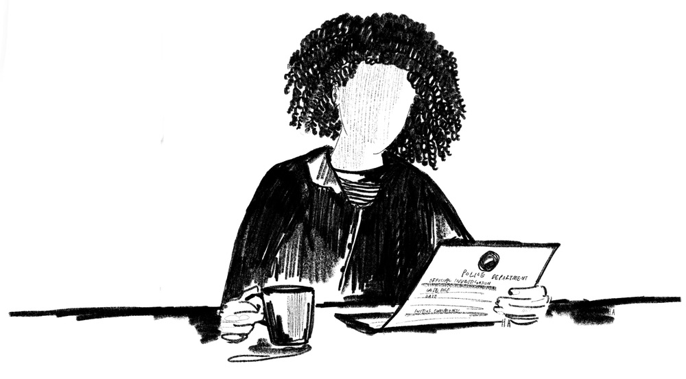 A black and white illustration of a woman sitting at a desk reading a police report and holding a mug.