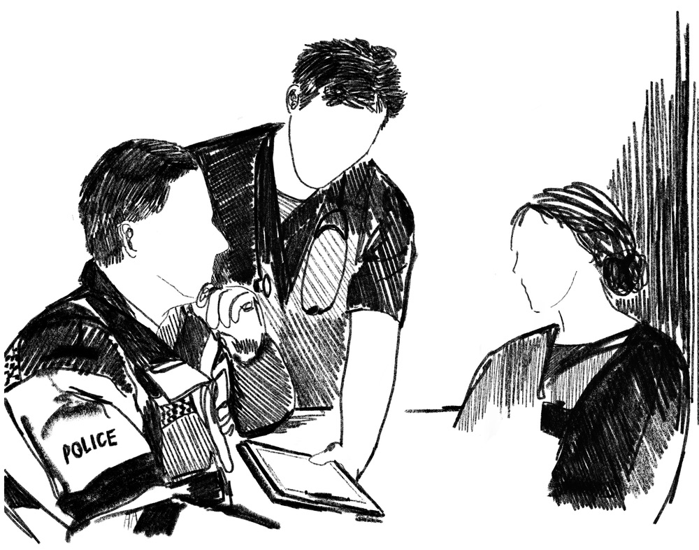 A black and white illustration of a police officer, a paramedic and a nurse.