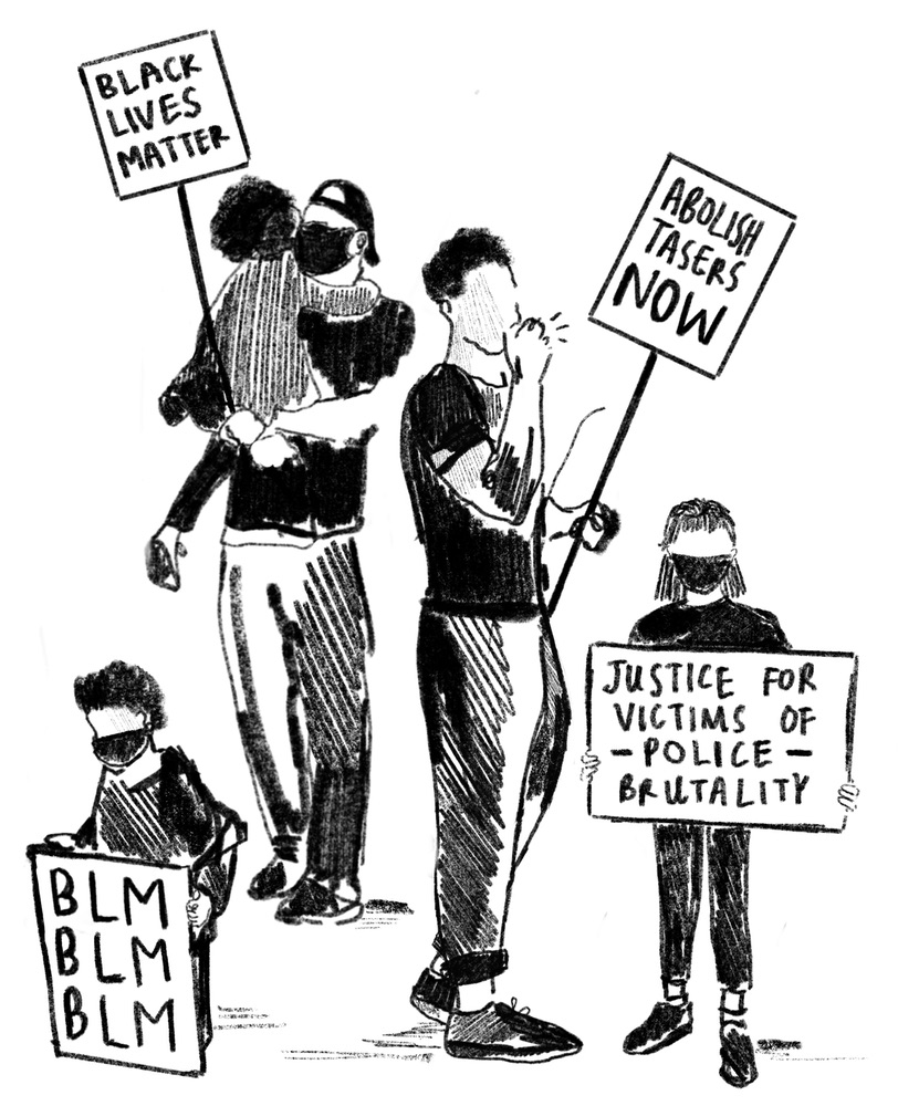 A black and white illustration of two adults and three children holding signs at a protest. The signs read ‘Black Lives Matter’, ‘Abolish Tasers Now’, ‘Justice for Victims of Police Brutality’ and ‘BLM BLM BLM’.